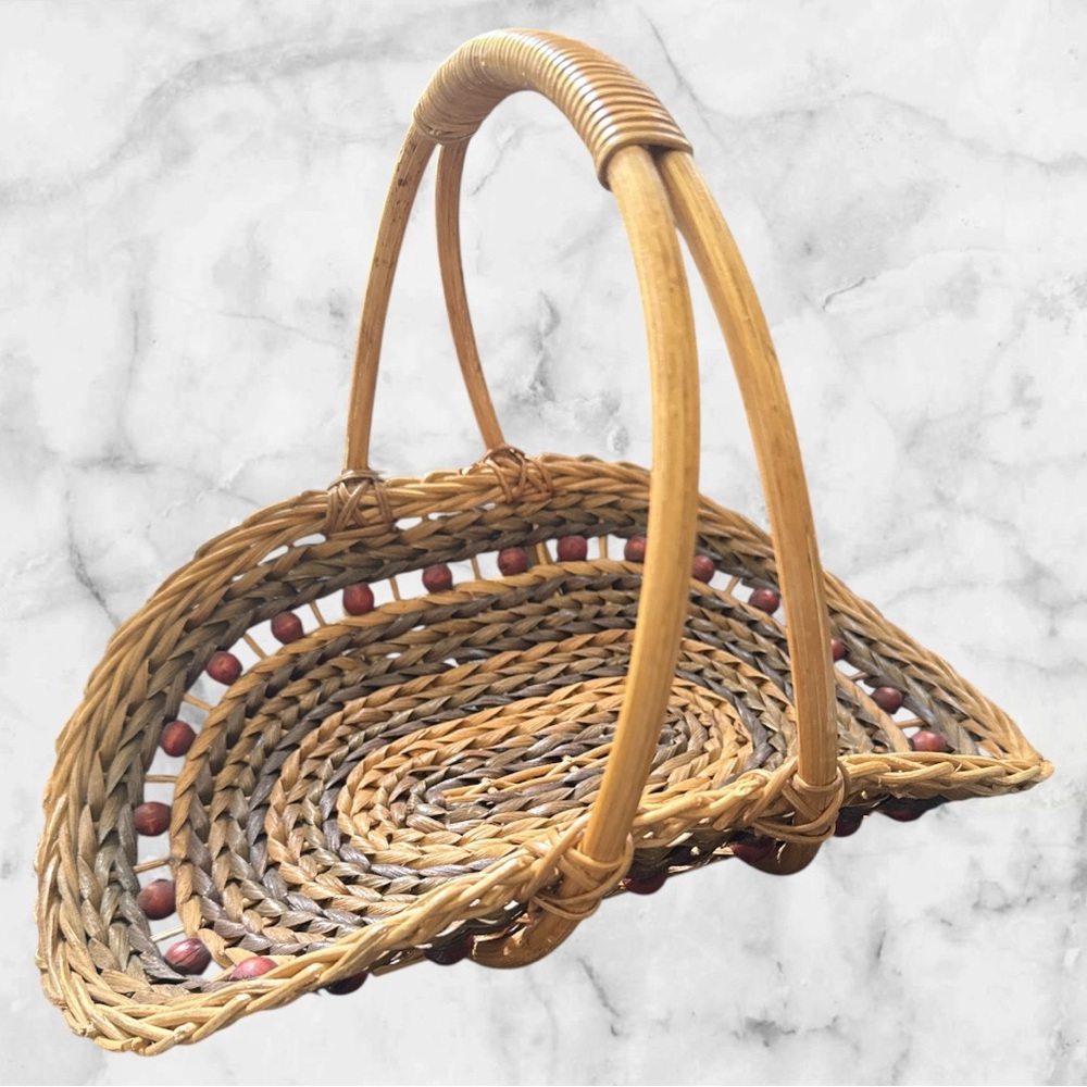 Vintage Woven Gathering Basket with Handle - Brown and Red Accents